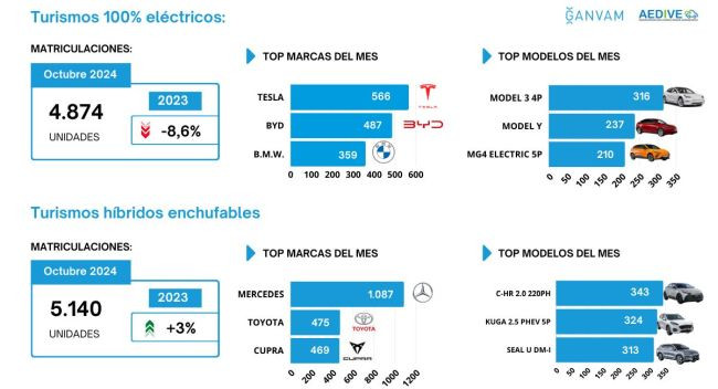 Matriculaciones turismos electrificados octubre 2024 marcas modelos